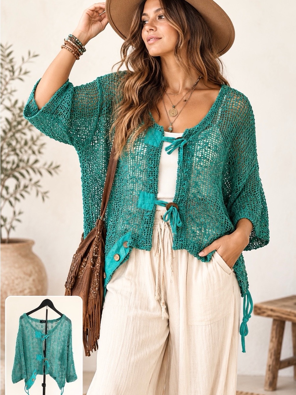 Kaktus Teal Open Knit Crochet Boho Cardigan One Size